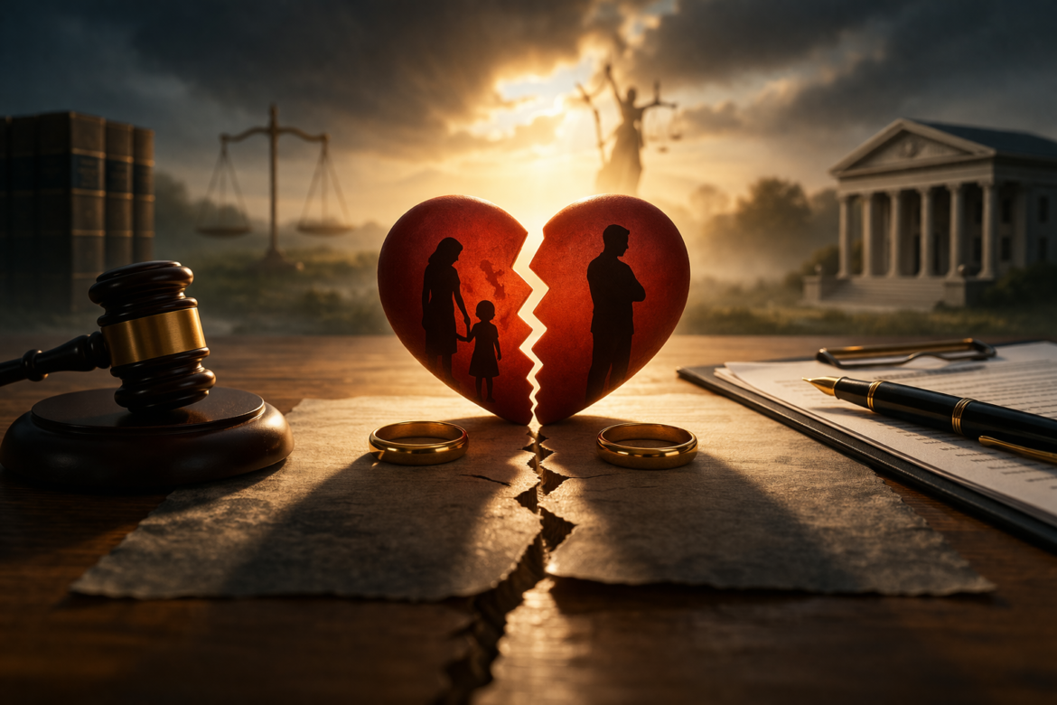 çekişmeli boşanma davası süreci, velayet ve nafaka konularını simgeleyen hukuki görsel