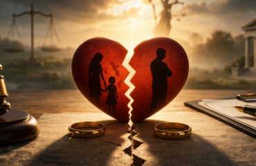 çekişmeli boşanma davası süreci, velayet ve nafaka konularını simgeleyen hukuki görsel