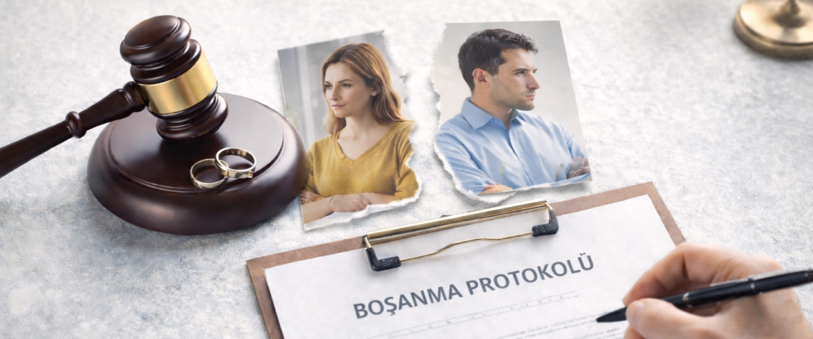 Anlaşmalı boşanma davasını simgeleyen tokmak, yüzükler ve protokol belgesi içeren tematik hukuk görseli