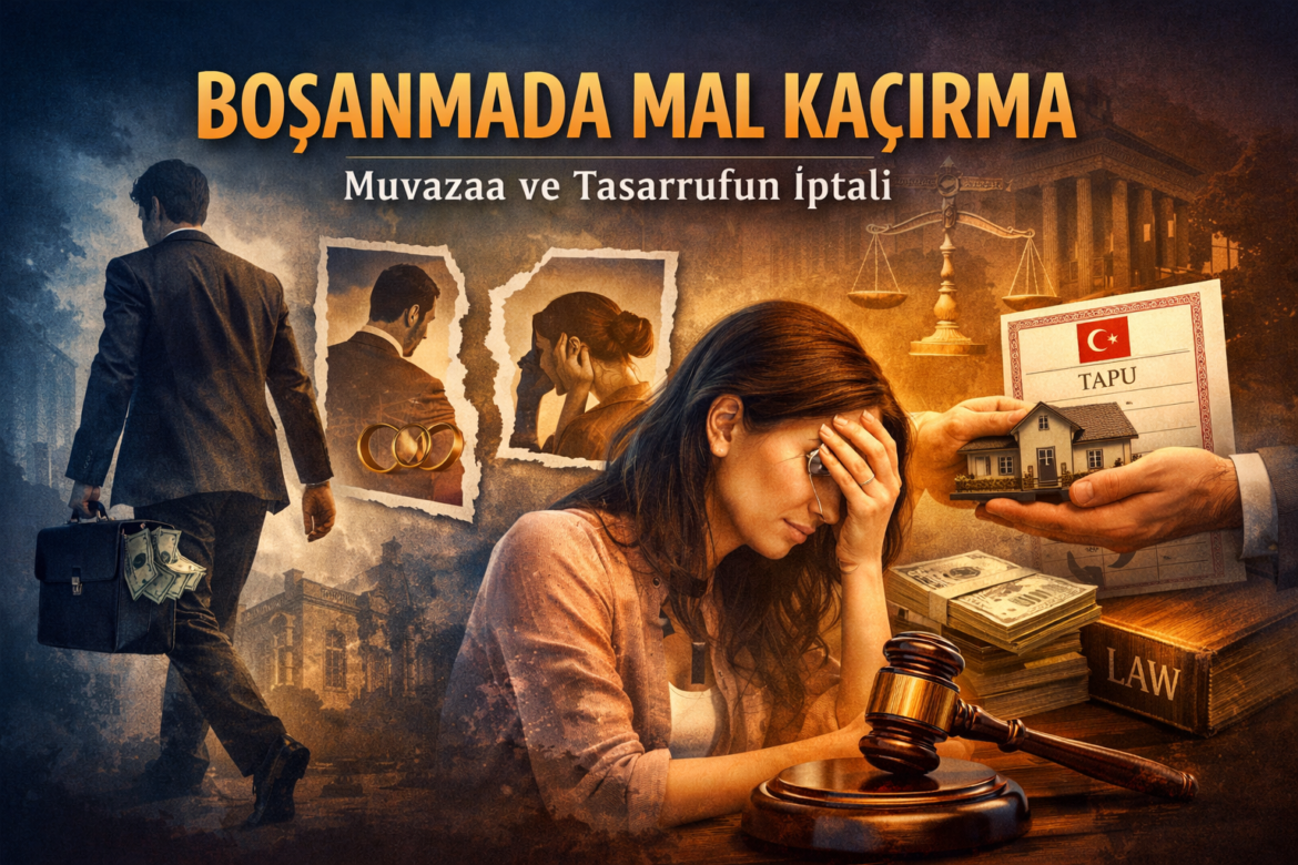 Boşanmada mal kaçırma, muvazaa ve tasarrufun iptali sürecini gösteren hukuki görsel
